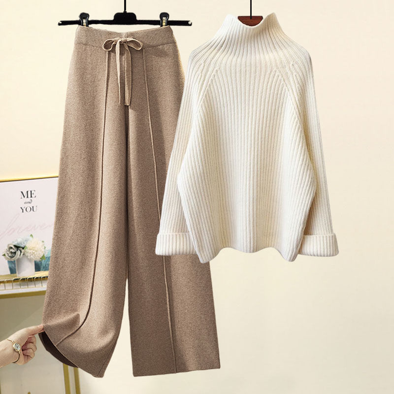 Sweater Lace-Up Cropped Top & Wide Leg Pants Set – Women’s Suit