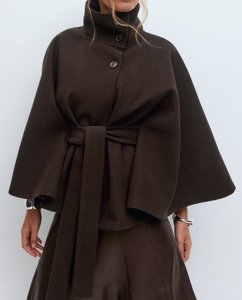 Elegant Belted | High Neck Batwing Sleeve Winter Coat for Women