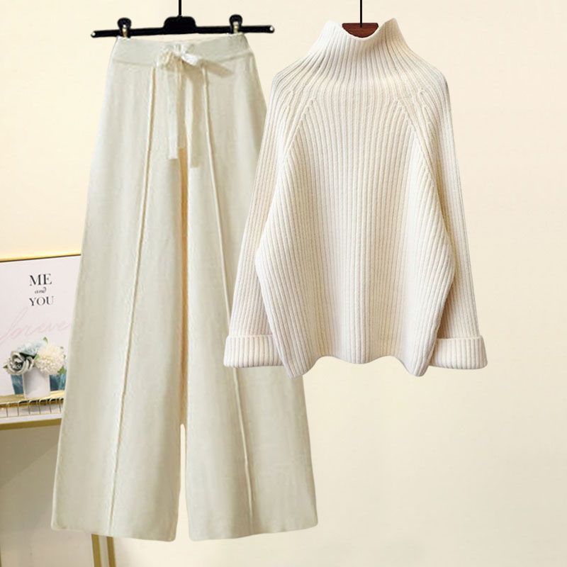 Sweater Lace-Up Cropped Top & Wide Leg Pants Set – Women’s Suit