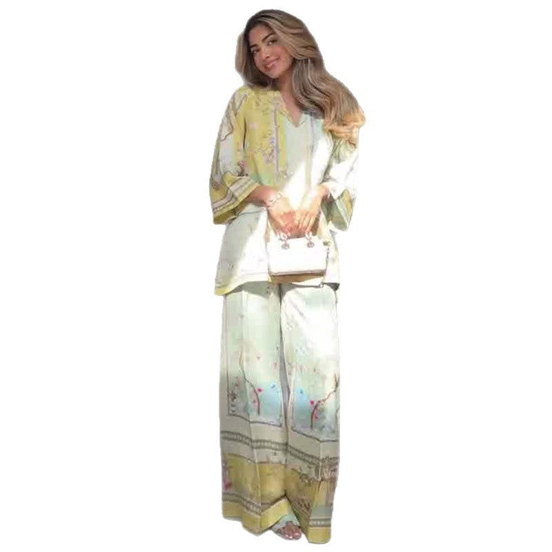 Elegant Printed Two-Piece Set – Top & Wide Leg Pants for Women