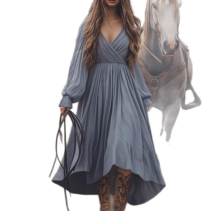 Retro Cotton & Linen High Waist Long Sleeve Dress – Timeless Vintage Style