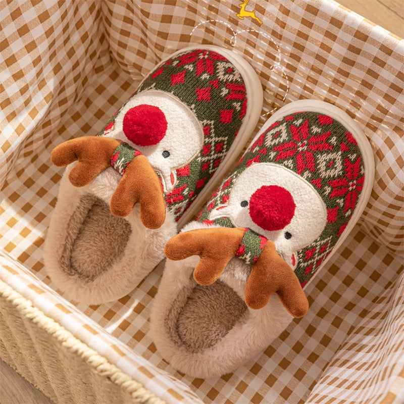 Cute Christmas Elk Plush Slippers – Fuzzy Winter Non-Slip Home Shoes for Women