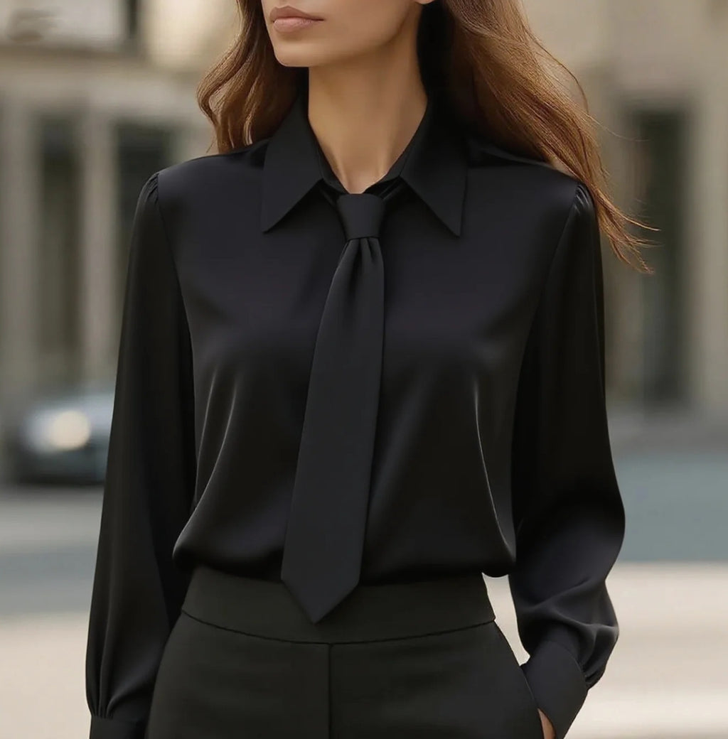 Women’s Classic Tie & Lapel Blouse | Long Sleeve Contrast Color Office Shirt