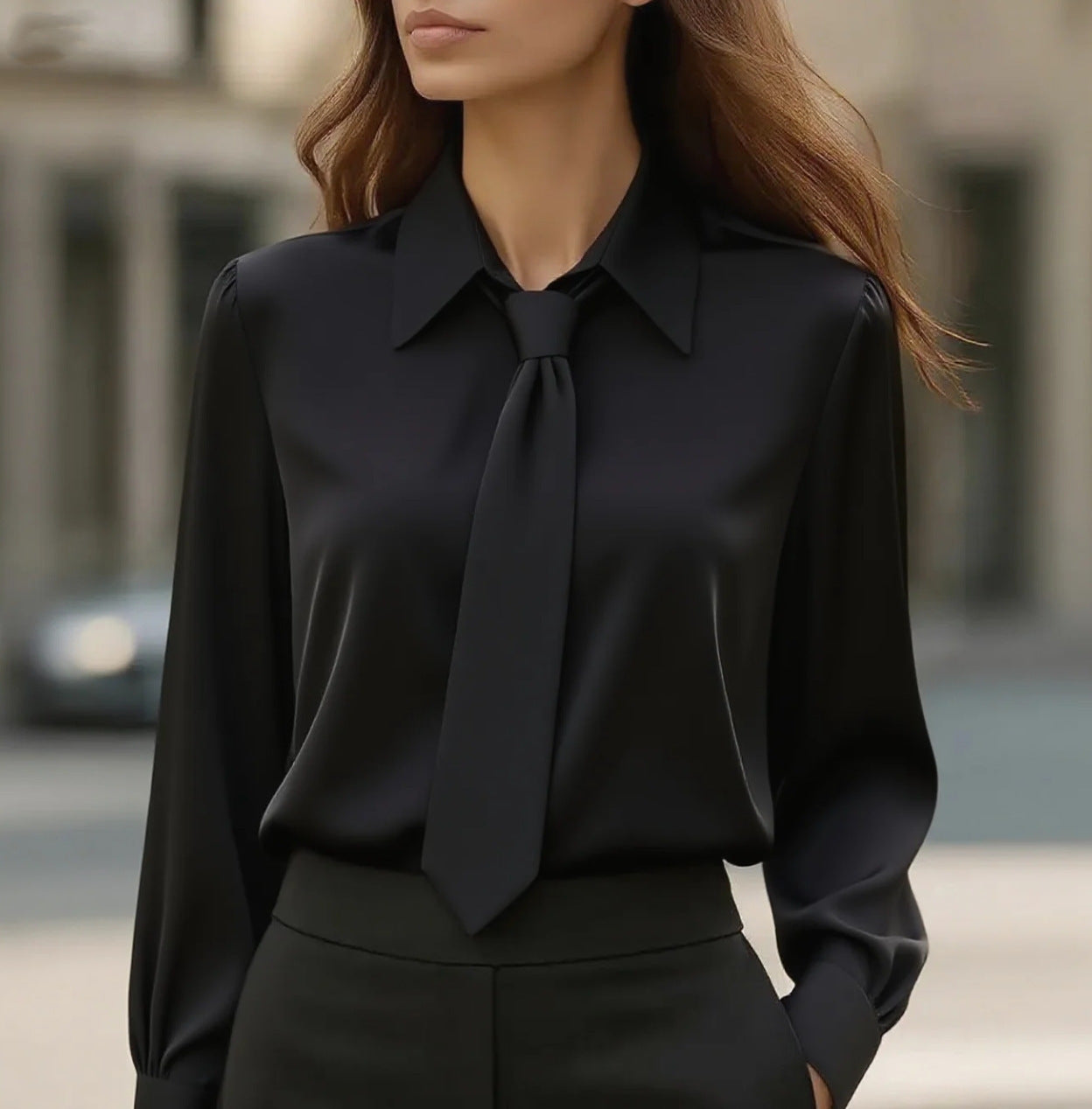 Women’s Classic Tie & Lapel Blouse | Long Sleeve Contrast Color Office Shirt