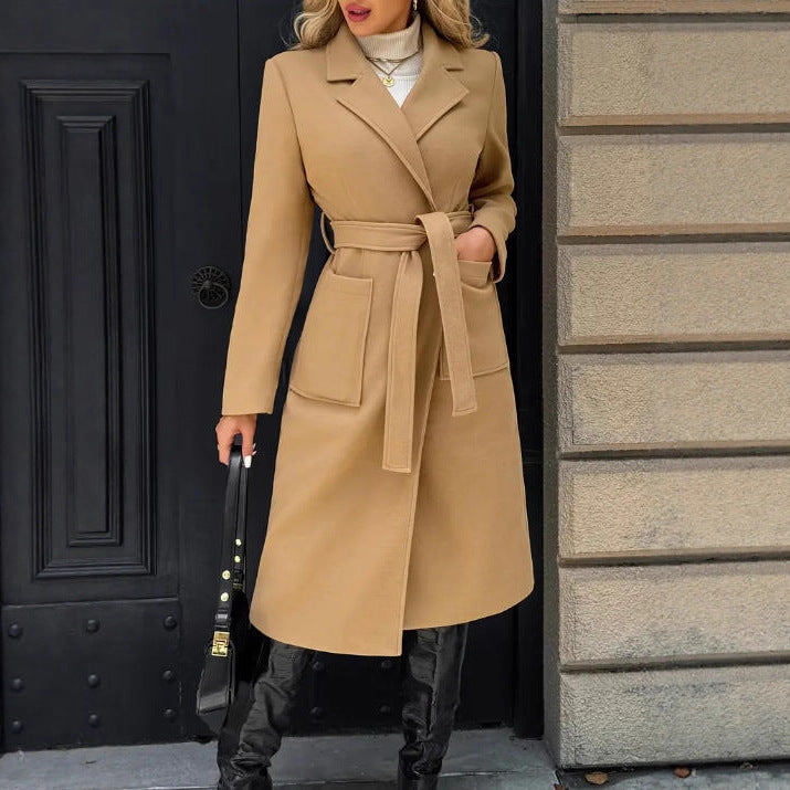 Women’s Woolen Lace Waist-Tied Coat | Elegant Simple Winter Outerwear