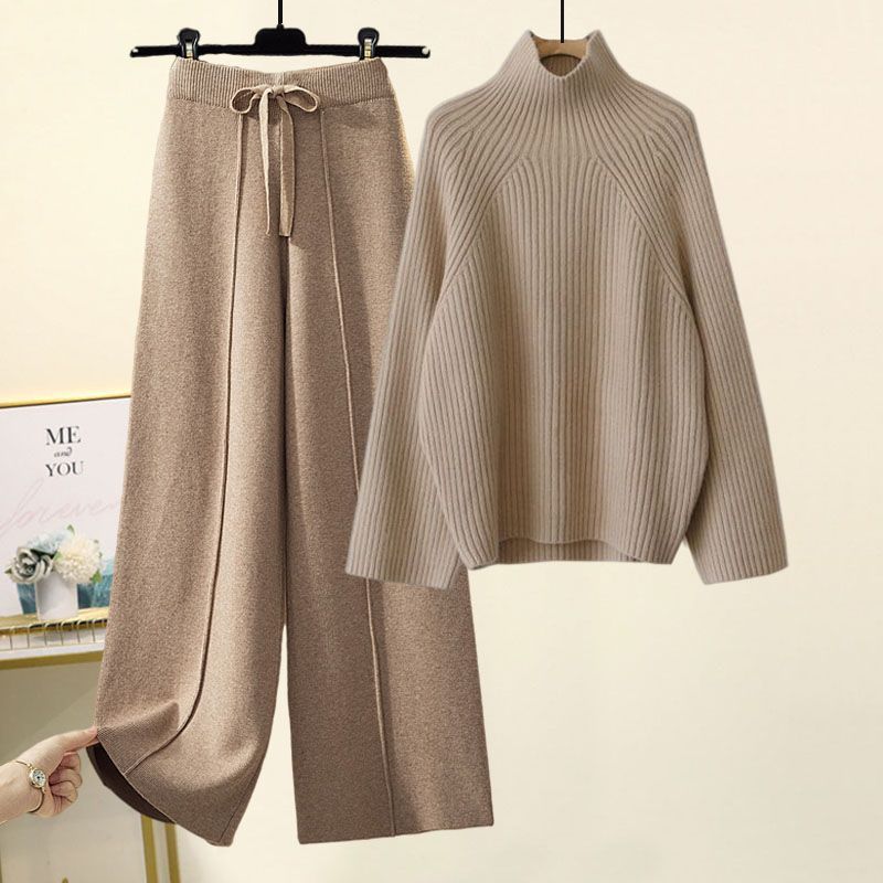 Sweater Lace-Up Cropped Top & Wide Leg Pants Set – Women’s Suit