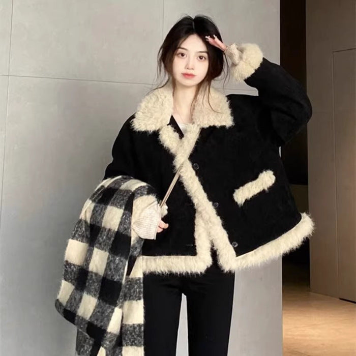 Women’s Lamb Wool Coat | Black Long Sleeve Winter Outerwear