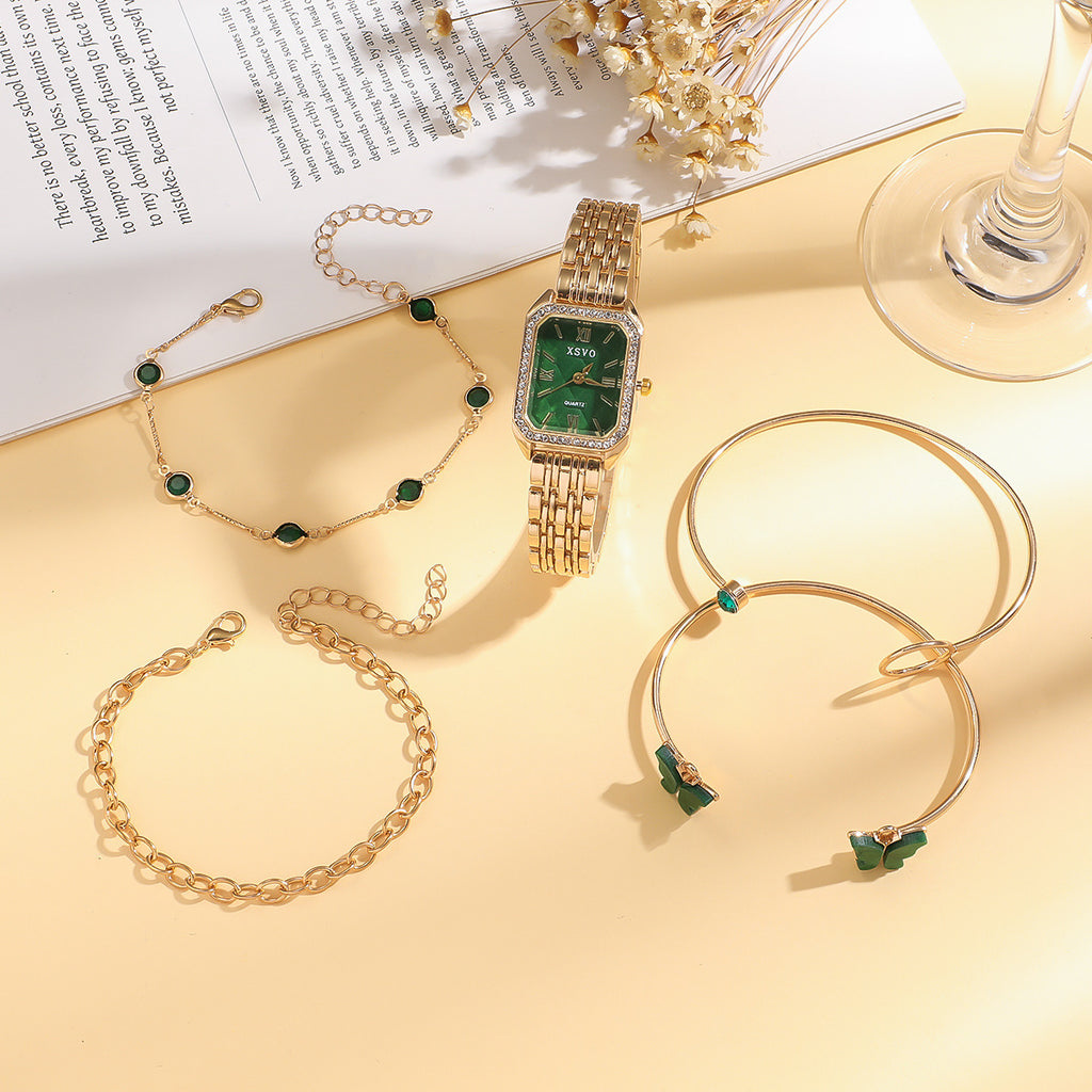 Wild Emerald Square Steel Watch & Butterfly Bracelet 5-Piece Gift Set