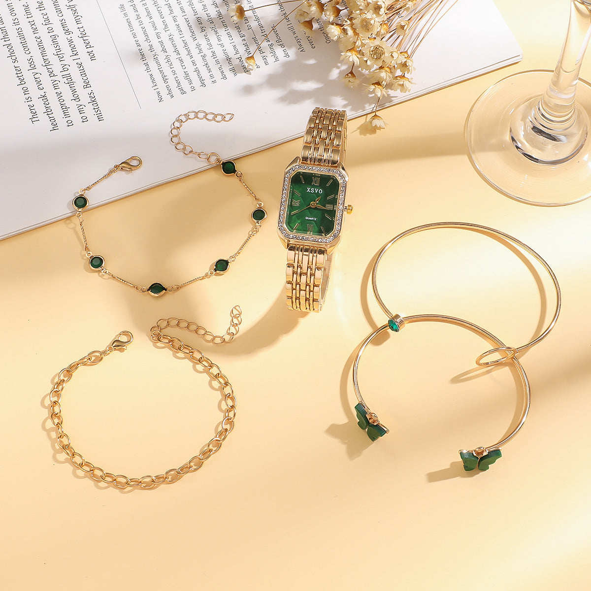Wild Emerald Square Steel Watch & Butterfly Bracelet 5-Piece Gift Set