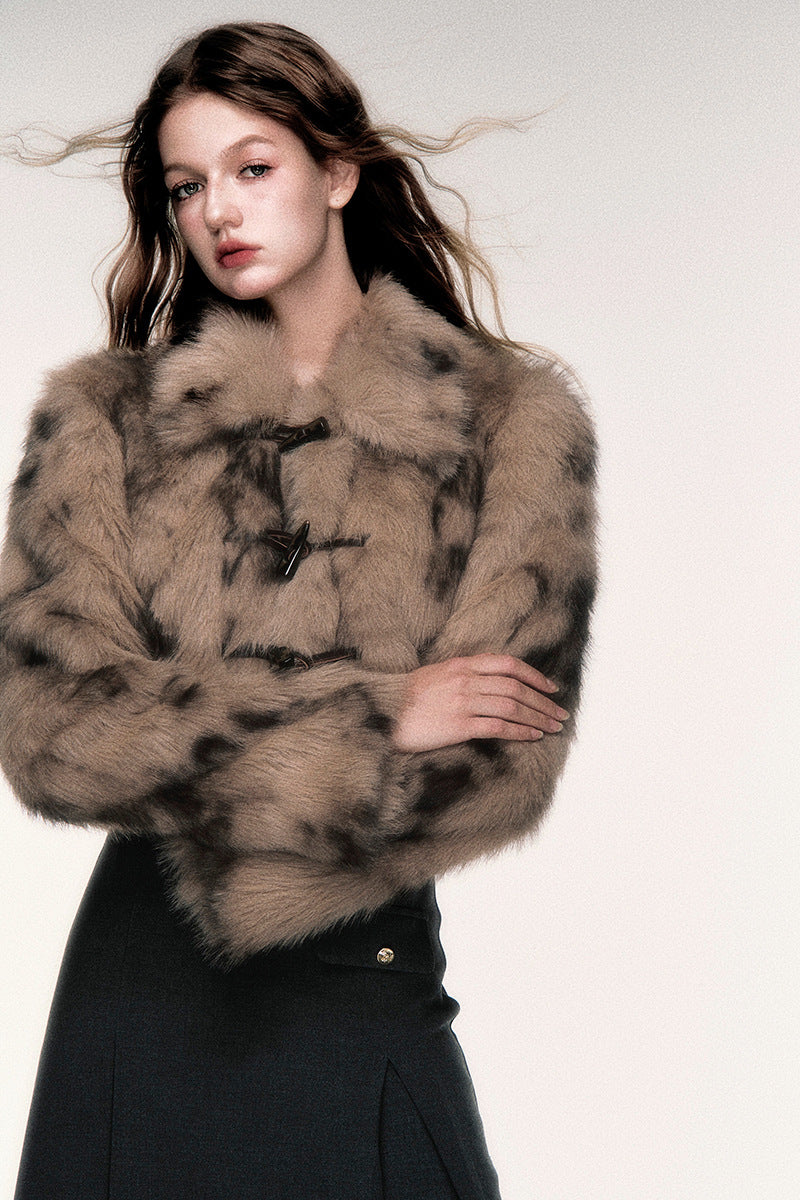 Women’s Retro Leopard Print Faux Fur Coat | Short Horn Button Jacket