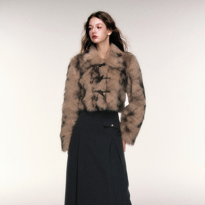 Women’s Retro Leopard Print Faux Fur Coat | Short Horn Button Jacket