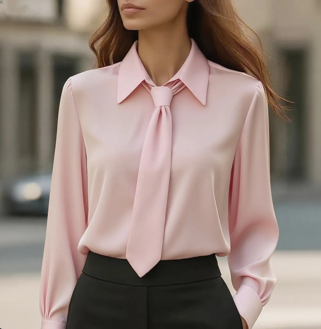 Women’s Classic Tie & Lapel Blouse | Long Sleeve Contrast Color Office Shirt