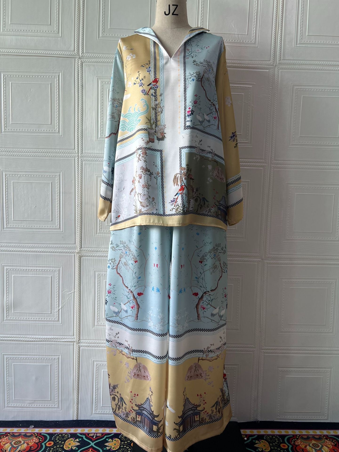 Elegant Printed Two-Piece Set – Top & Wide Leg Pants for Women