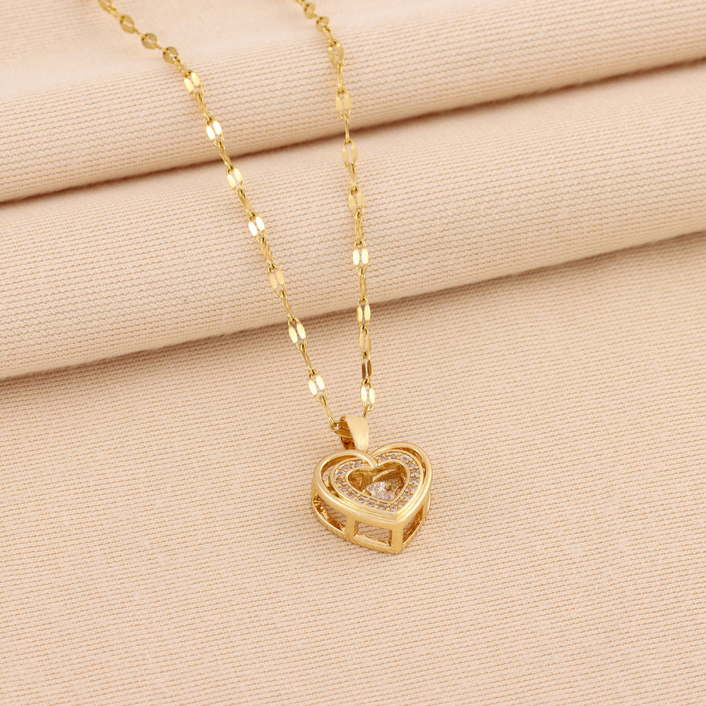 Women’s Double-Layer Love Necklace – Titanium Steel Rhinestone Pendant