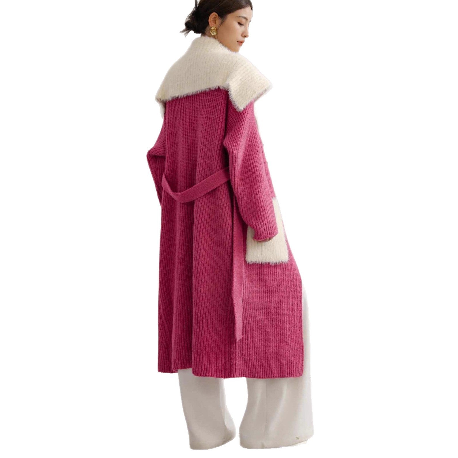 Fur Collar Long Knitted Cardigan – Women's Loose Overcoat Sweater