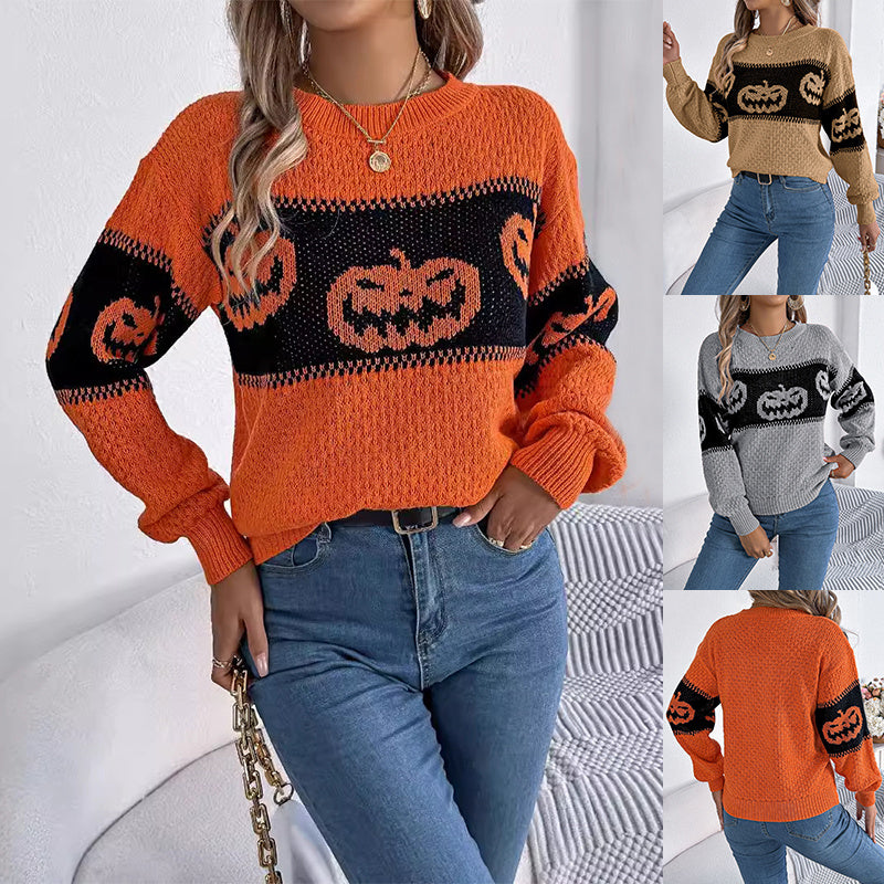 Women’s Halloween Pumpkin Sweater | Long Sleeve Knitted Pullover Top