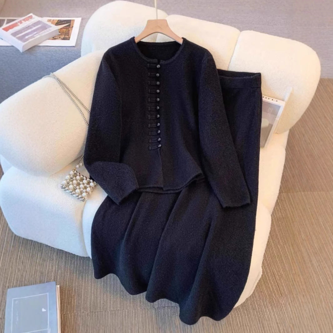 Women’s Chinese-Style Solid Color Sweater & Mid-Length Dress Set
