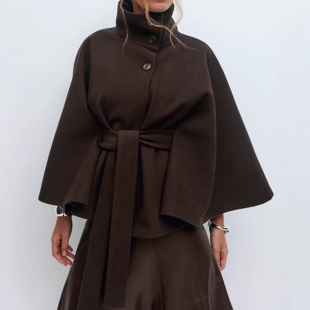 Elegant Belted | High Neck Batwing Sleeve Winter Coat for Women