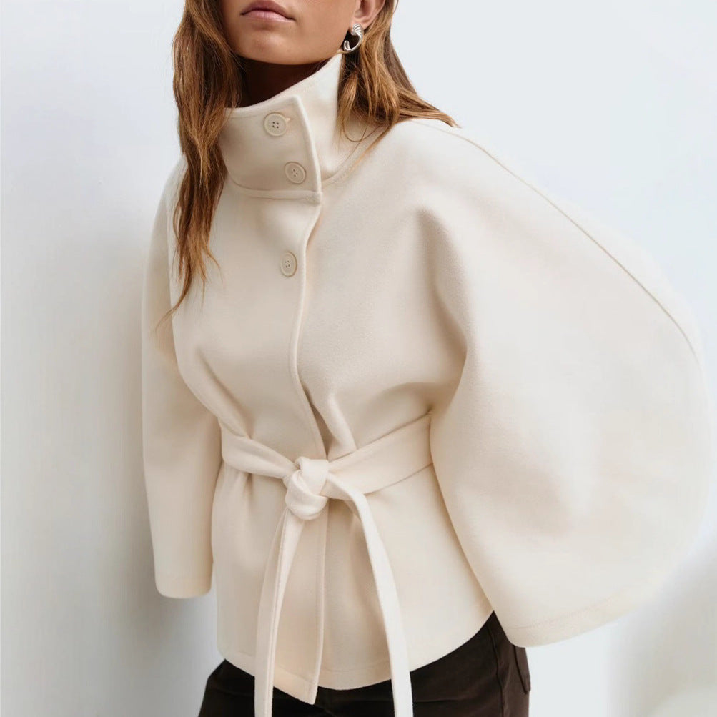 Elegant Belted | High Neck Batwing Sleeve Winter Coat for Women