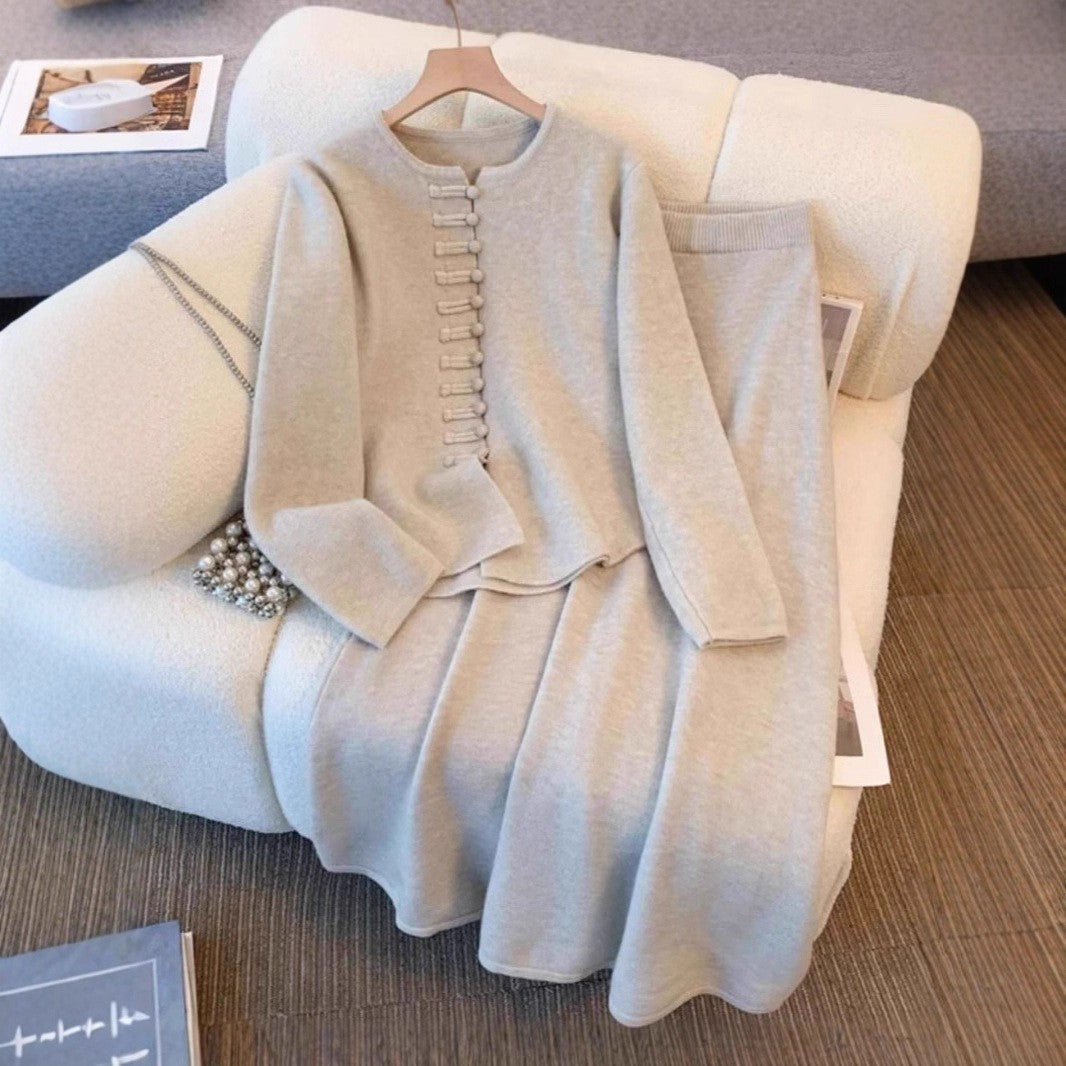 Women’s Chinese-Style Solid Color Sweater & Mid-Length Dress Set