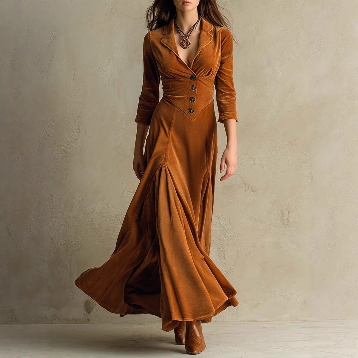 Women's Solid Color Lapel Button Maxi Dress with Waist Expansion