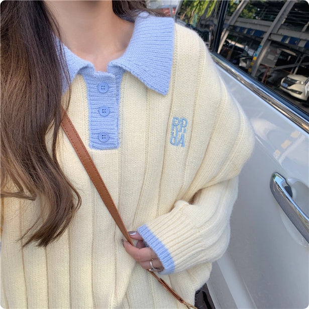Women's Preppy Collar Contrast Color Loose Sweater