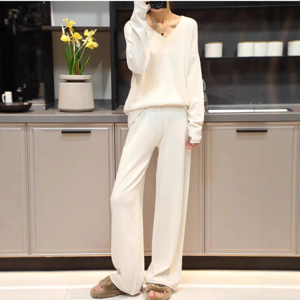 Korean Style Hooded Top & Wide Leg Knitting Pants Set – Casual Suit