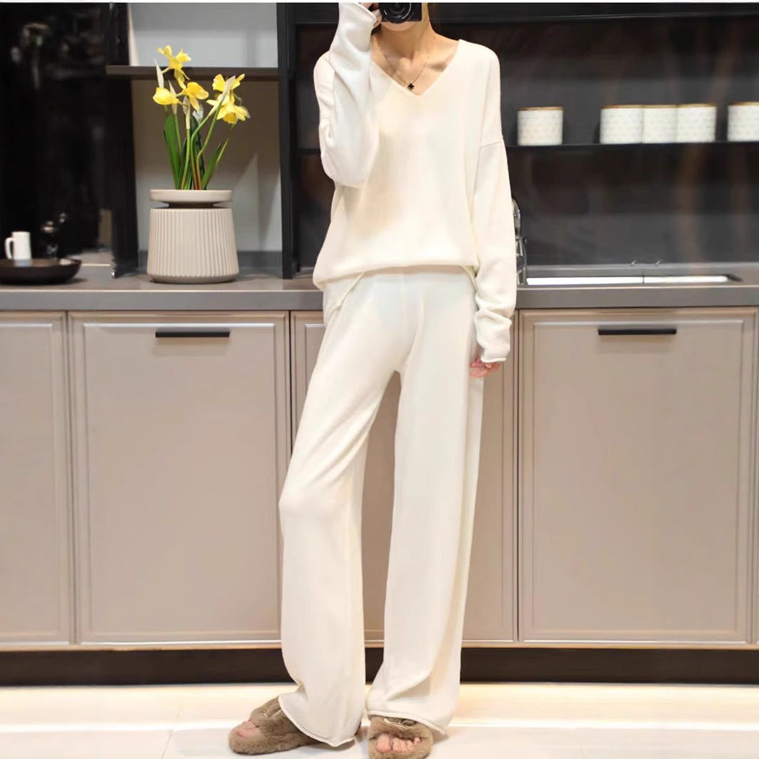 Korean Style Hooded Top & Wide Leg Knitting Pants Set – Casual Suit