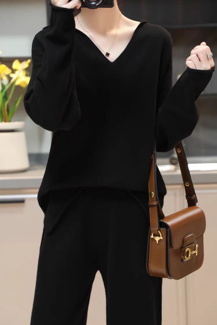 Korean Style Hooded Top & Wide Leg Knitting Pants Set – Casual Suit