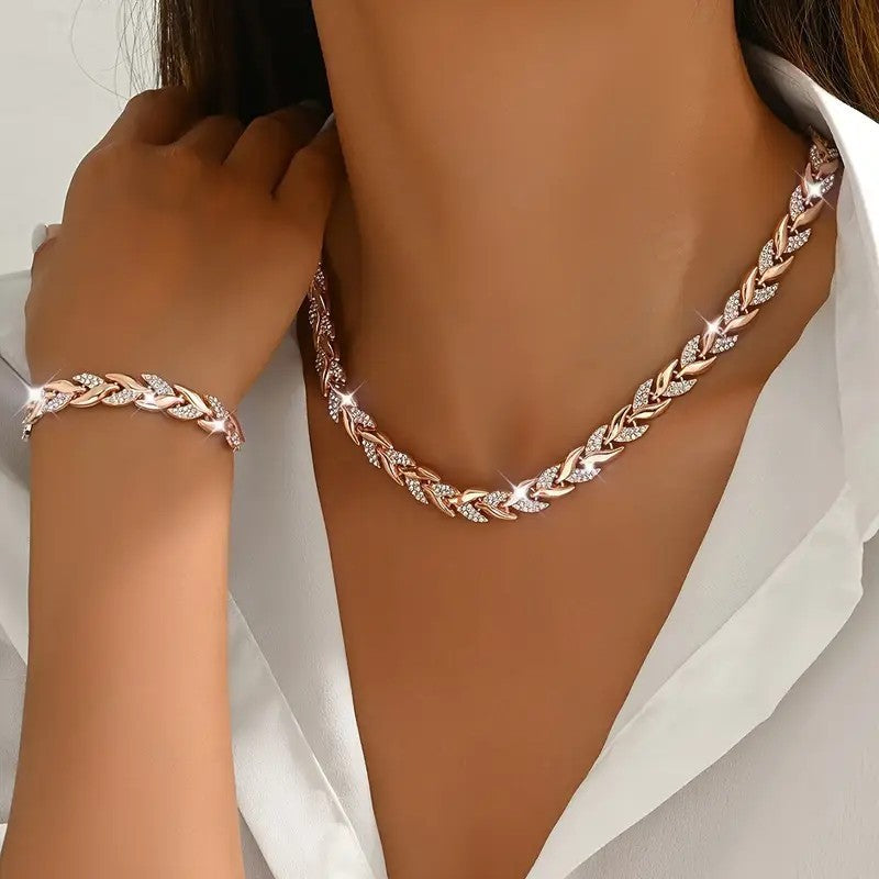 Women's Personality Affordable Luxury Willow Leaf Diamond Bracelet & Necklace Set