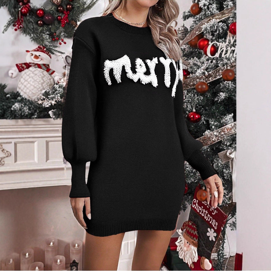 Women’s Christmas Knitted Sweater Dress – Lantern Sleeve Round Neck Winter Dress