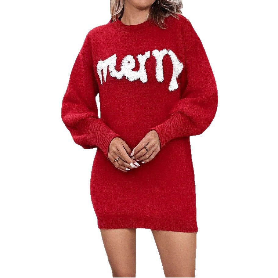 Women’s Christmas Knitted Sweater Dress – Lantern Sleeve Round Neck Winter Dress