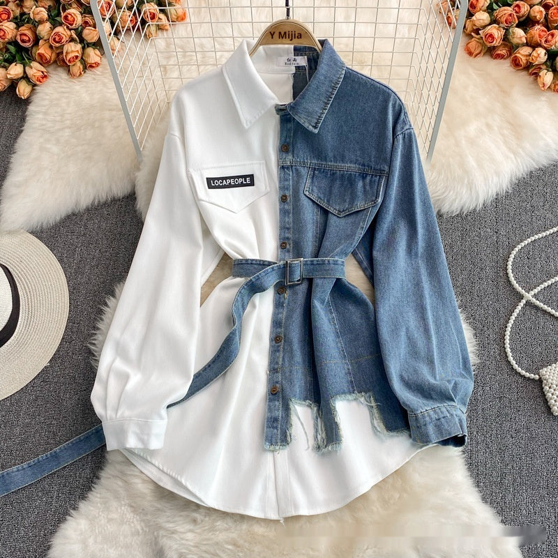 Denim Stitching Lapel Dress | Waist-Slimming Mid-Length Shirt Dress for Women