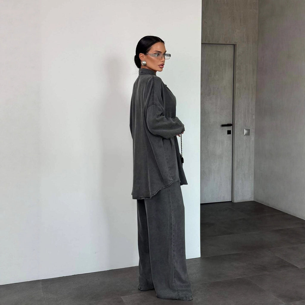 Women’s Denim Button-Up Wide Leg Suit – Long Sleeve Set