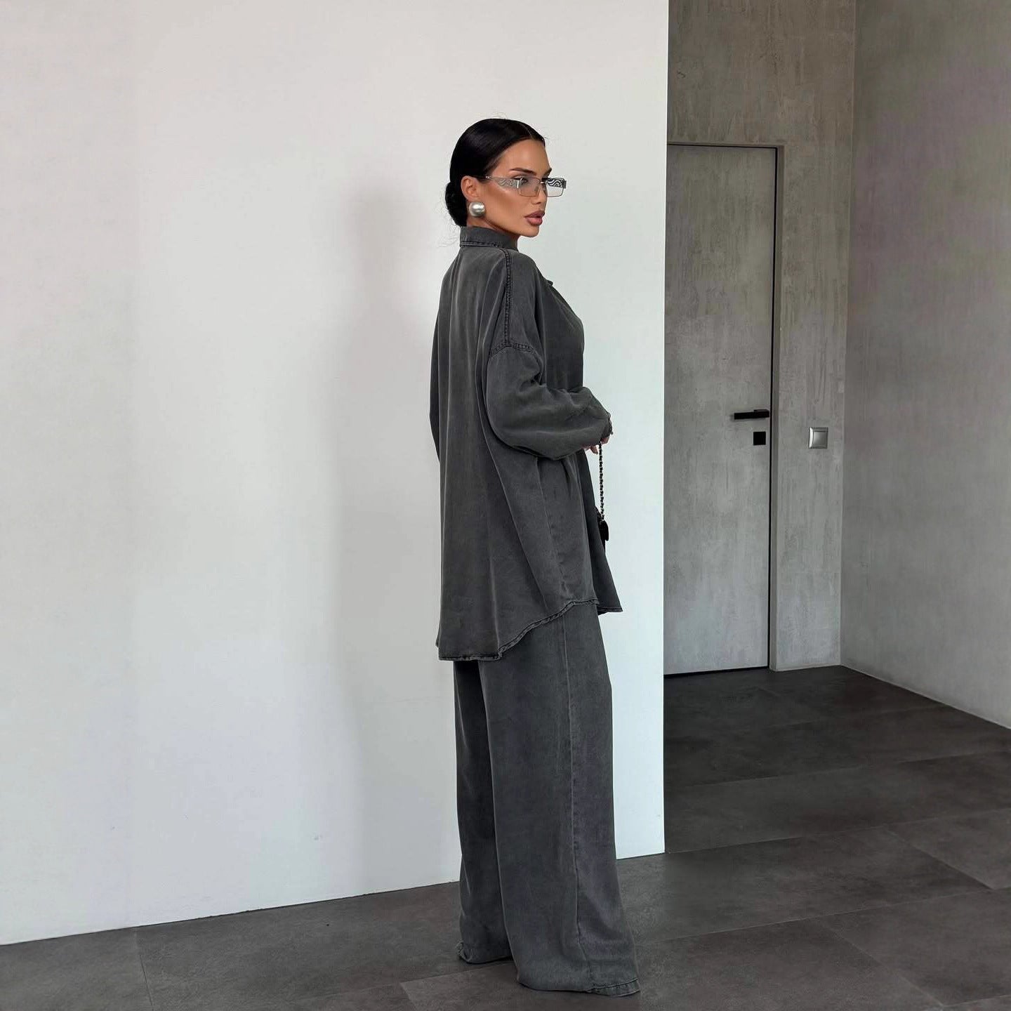 Women’s Denim Button-Up Wide Leg Suit – Long Sleeve Set
