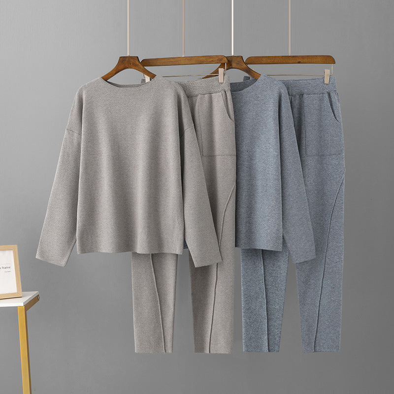 Women's Off-Shoulder Woolen Pants and Loose Knit Top Set