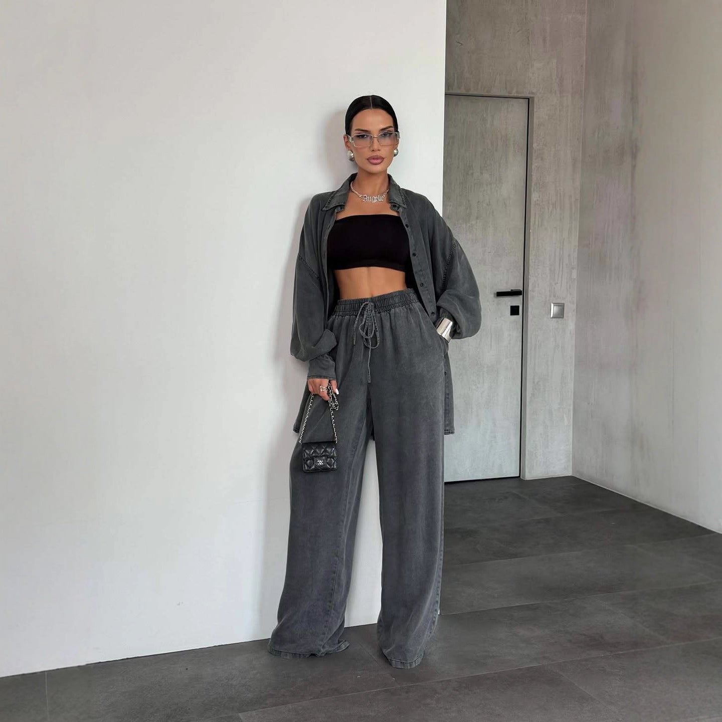 Women’s Denim Button-Up Wide Leg Suit – Long Sleeve Set