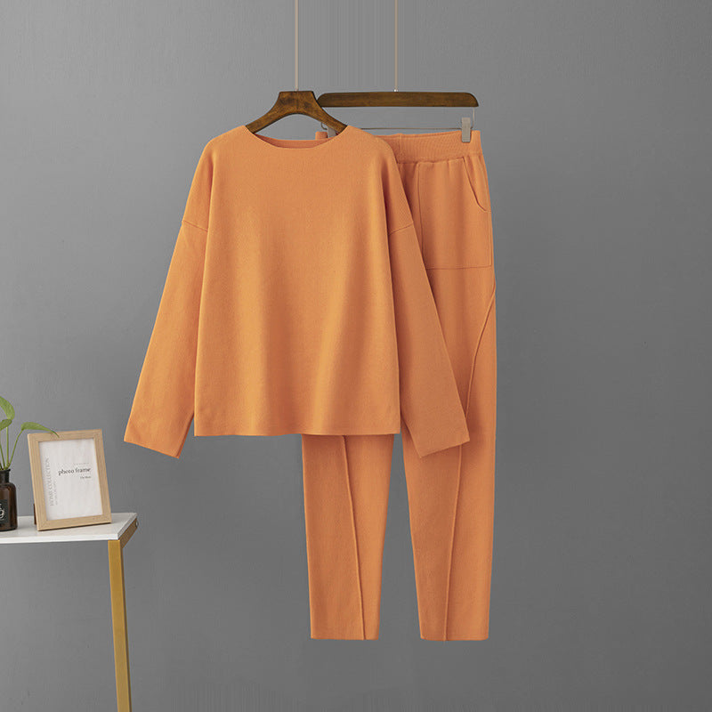 Women's Off-Shoulder Woolen Pants and Loose Knit Top Set