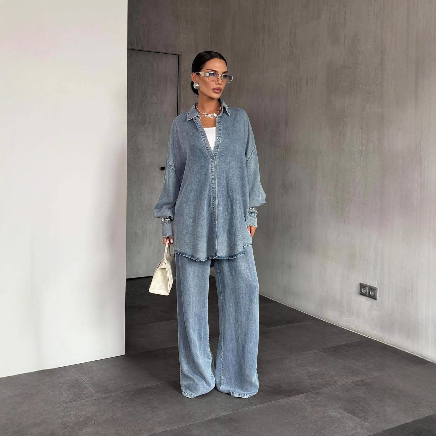 Women’s Denim Button-Up Wide Leg Suit – Long Sleeve Set