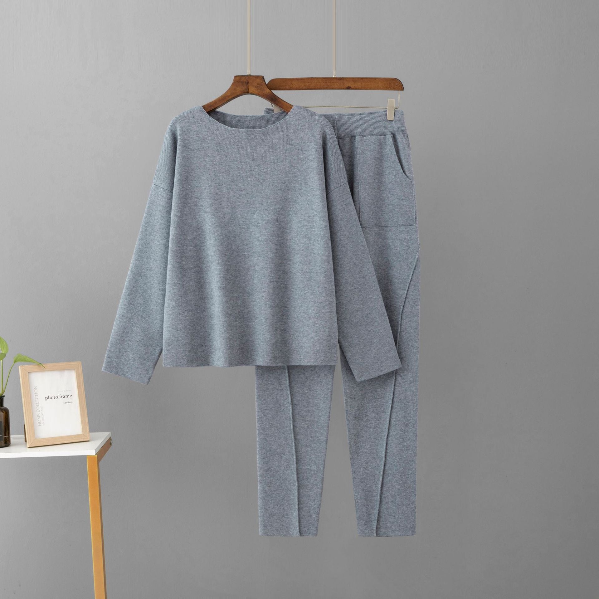 Women's Off-Shoulder Woolen Pants and Loose Knit Top Set