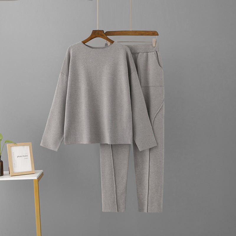 Women's Off-Shoulder Woolen Pants and Loose Knit Top Set