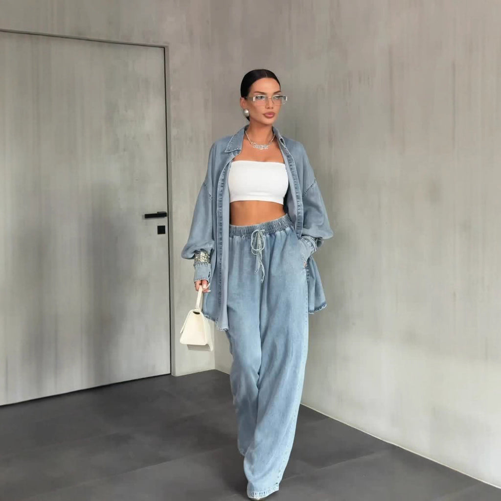 Women’s Denim Button-Up Wide Leg Suit – Long Sleeve Set