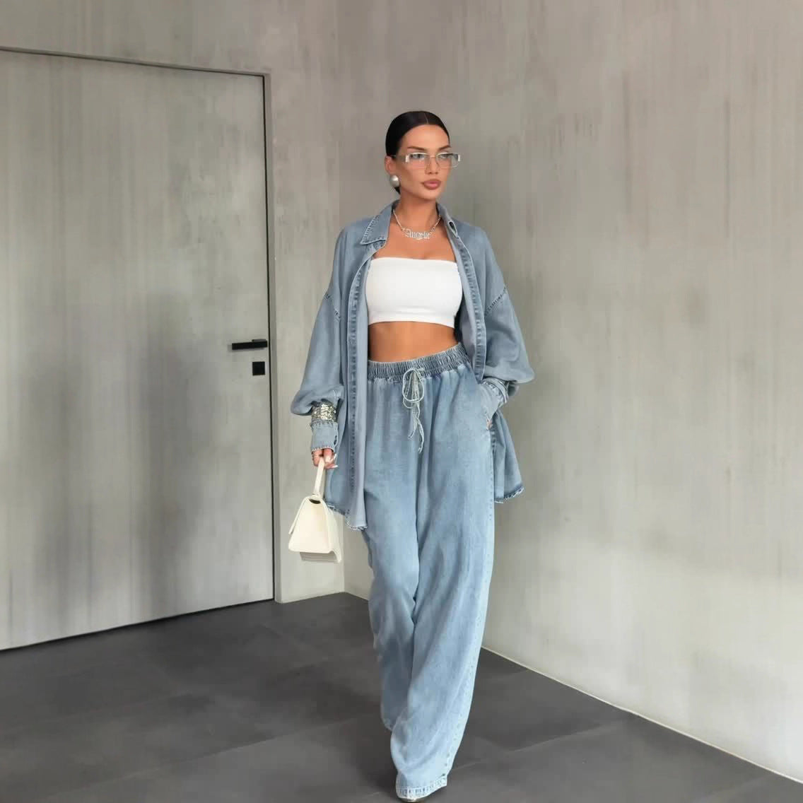 Women’s Denim Button-Up Wide Leg Suit – Long Sleeve Set