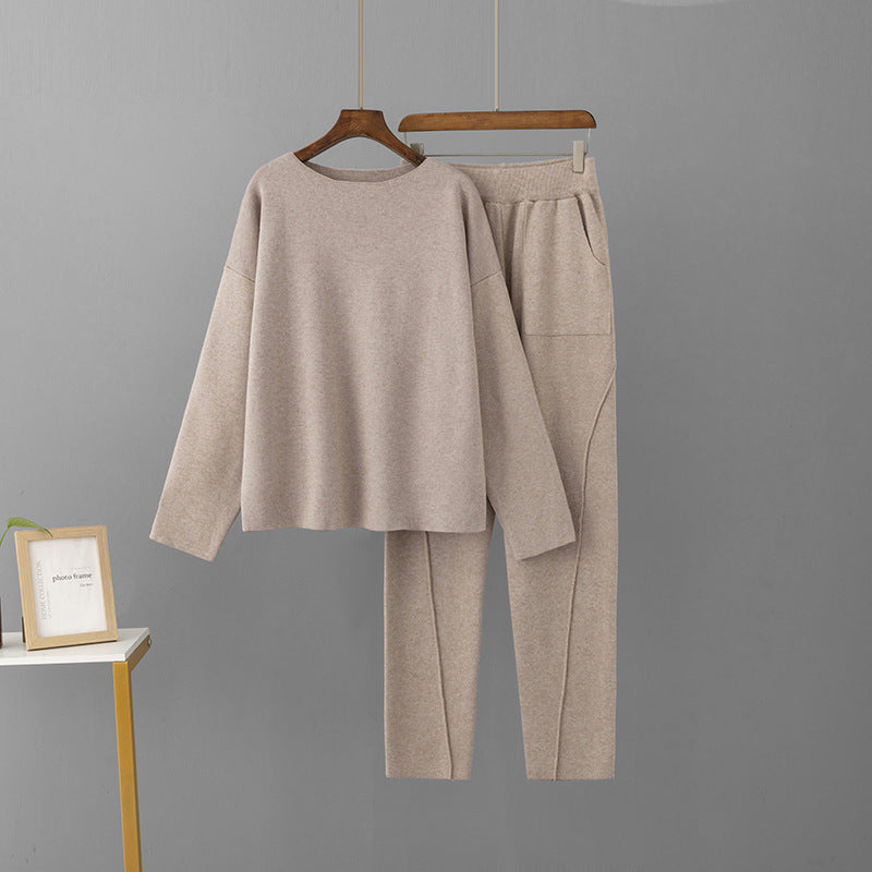 Women's Off-Shoulder Woolen Pants and Loose Knit Top Set