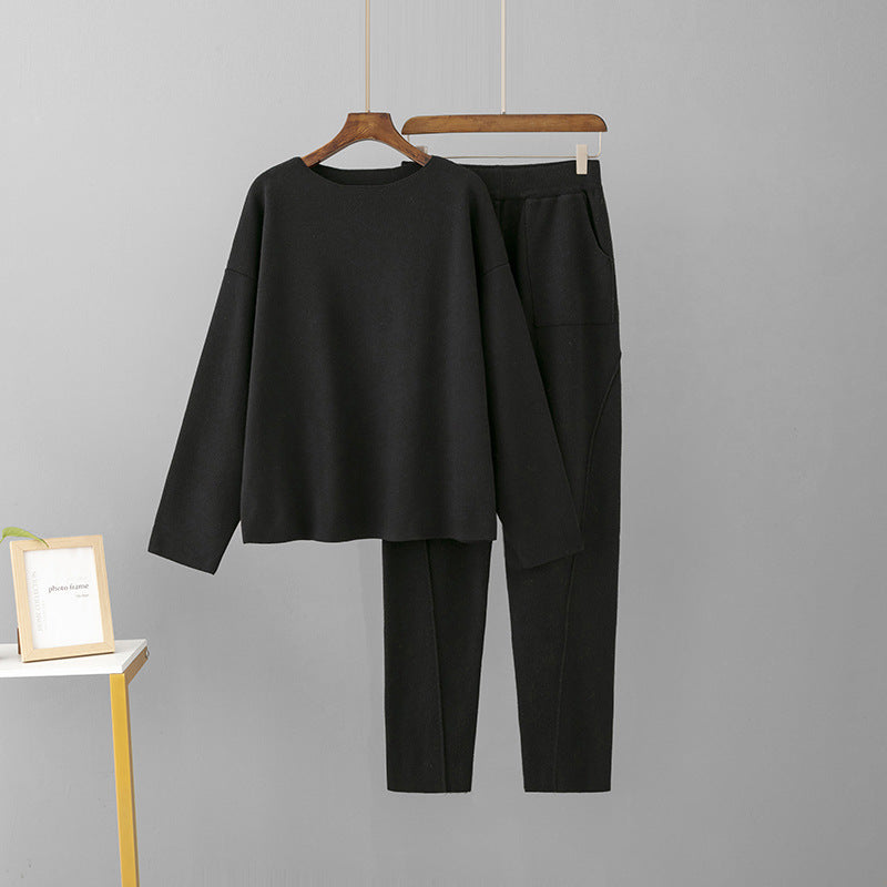 Women's Off-Shoulder Woolen Pants and Loose Knit Top Set