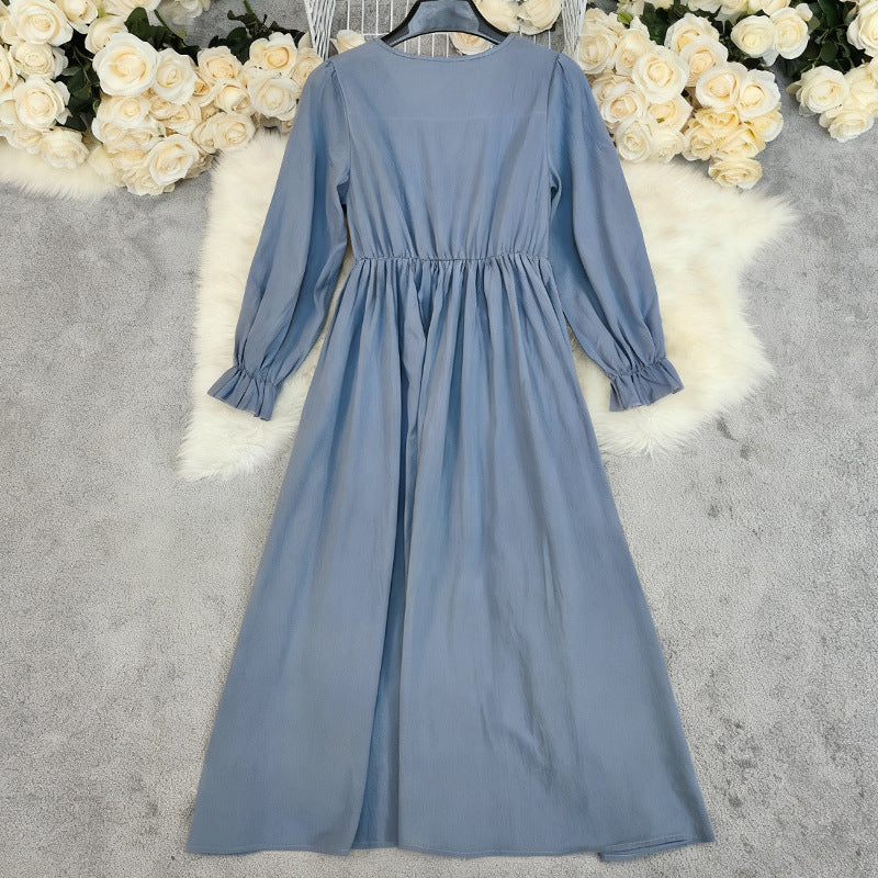 Retro Cotton & Linen High Waist Long Sleeve Dress – Timeless Vintage Style