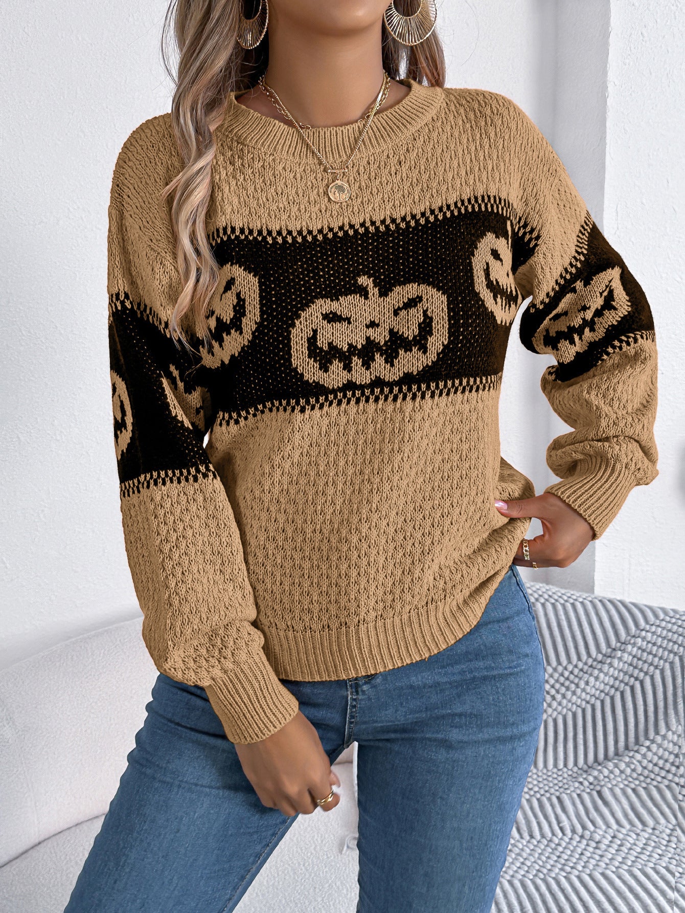 Women’s Halloween Pumpkin Sweater | Long Sleeve Knitted Pullover Top