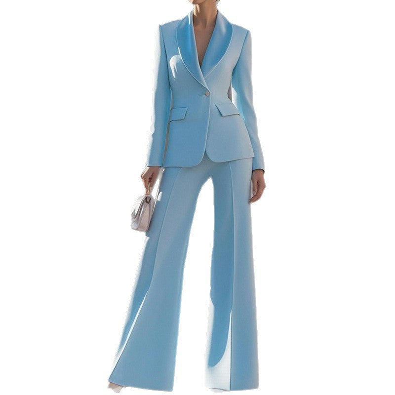 Solid Color Long Sleeve Blazer & Straight Trousers – Women's Business Suit