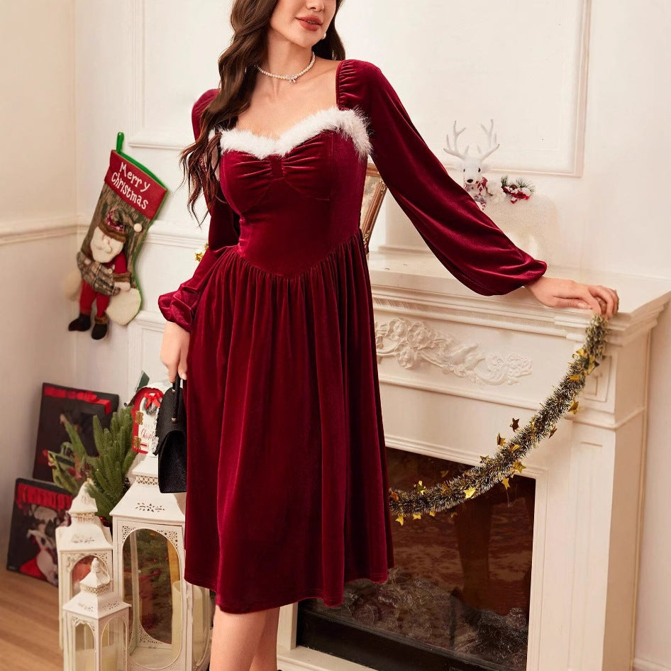Women’s Vintage Red Velvet Christmas Party Dress – Elegant Long Sleeve Square Collar