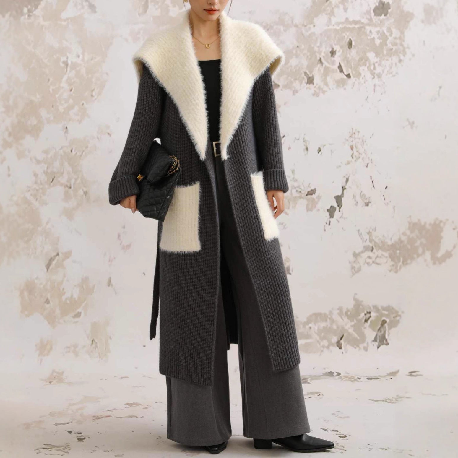 Fur Collar Long Knitted Cardigan – Women's Loose Overcoat Sweater